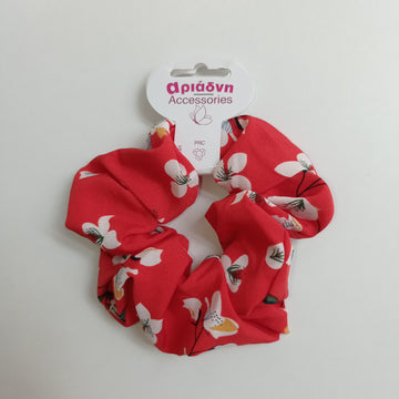 Ariadni Accessories Fabric Hair Scrunchie RED WHITE FLOWERS 1 pcs